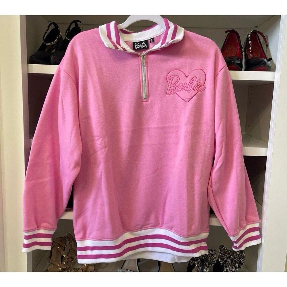 NEW MATTEL BARBIE PINK AND WHITE LONG SLEEVE POLO SHIRT
